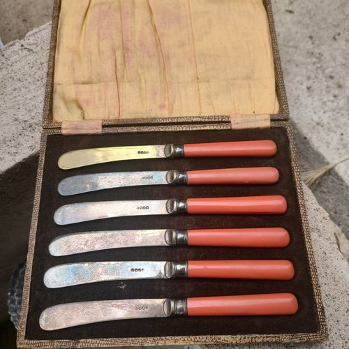 Set of EPNS small butter and caviar knives with bakelite handles in original box