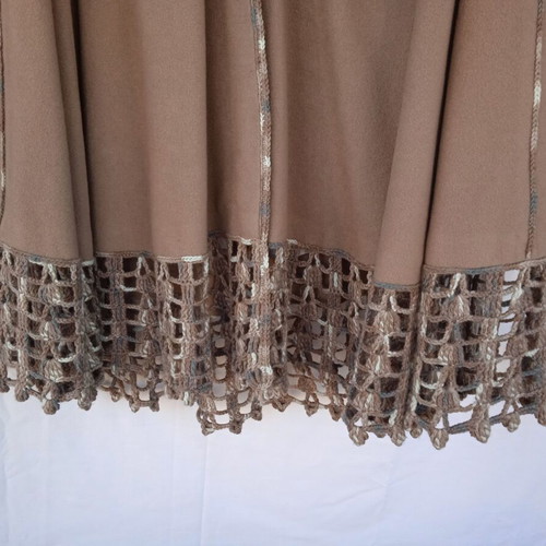 Cape with hood and handmade knitted trim like new, beige