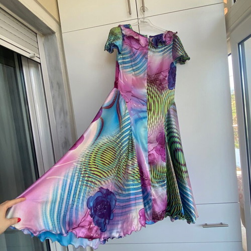 Vintage Y2K long satin dress like new, handmade, multicolor blue