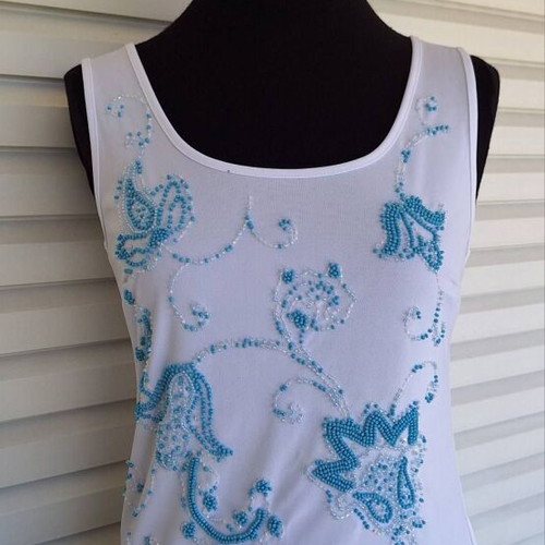 White sleeveless top with turquoise bead embroidery new