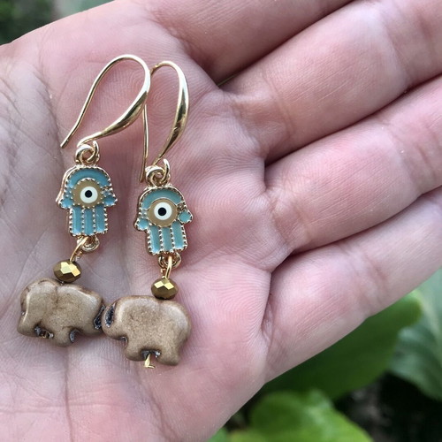 Earrings New With Brown Elephant Chaoite And Fatima Hand