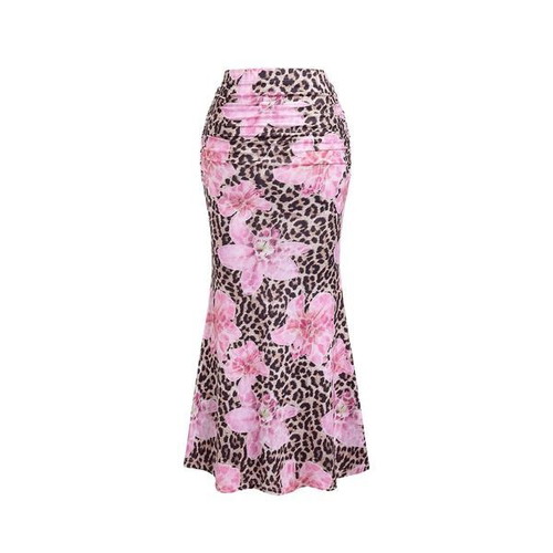Women's maxi skirt with leopard and floral print, boho style, size S