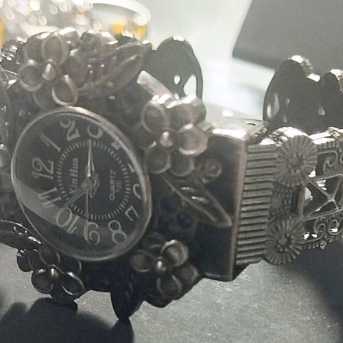 Orsalia Vintage floral quartz watch new, black-gray