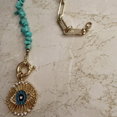 Necklace with turquoise stones and eye pendant like new, boho style