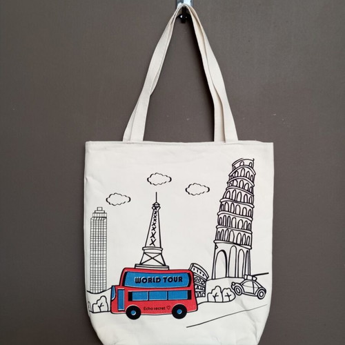 Tote bag "World Tour" fabric shoulder bag, white multicolor