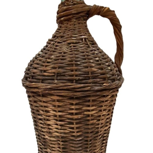 Antique glass demijohn with handle used, 5 liters, wicker wrapped