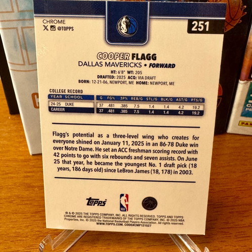 2025 Topps Chrome Basketball Cooper Flagg RC Base #251 Dallas Mavericks card like new