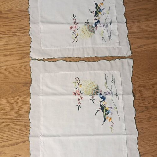 Pillowcases with peacocks used, hand-embroidered 1950s folk art