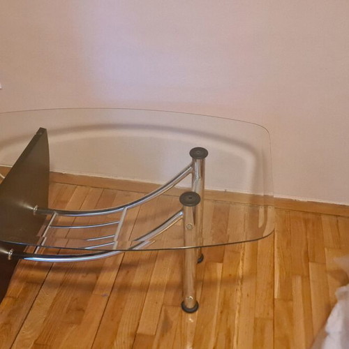 Coffee table with glass removable top and wood-metal base like new