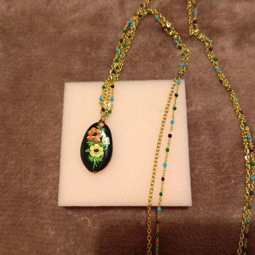 Handmade long necklace new with steel chain and hand-painted stone