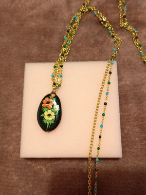 Handmade long necklace new with steel chain and hand-painted stone