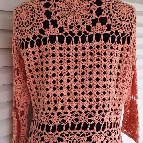 Crochet cardigan XL new, peach color with floral motifs