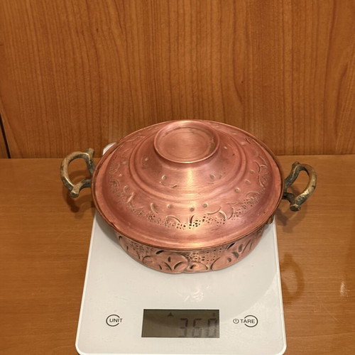Vintage low copper pot with lid handmade carved polished