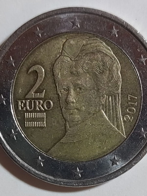 Австрия 2€ 2017 евро монета употребявана, дизайн Берта фон Зутнер