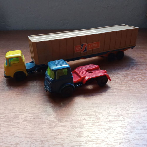 Joy Toy collectible plastic toy trucks used, pack of 2, 1980s