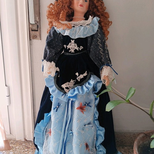 Vintage porcelain doll with velvet dress, large 80 cm