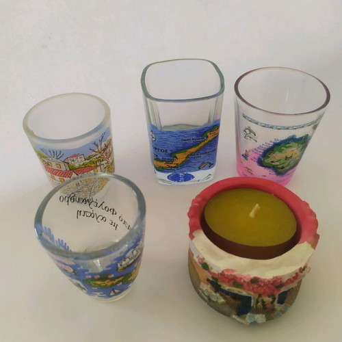 Sfinopotira and tealight candle set like new, 4+1 with Greek designs