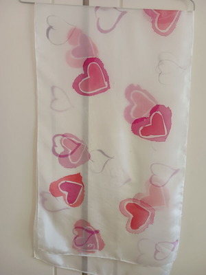 Silk scarf handmade with painted hearts, new