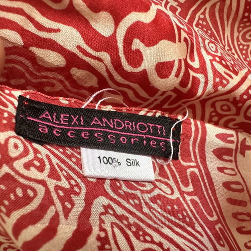 Alexi Andriotti silk scarf like new, red and ecru ethnic pattern