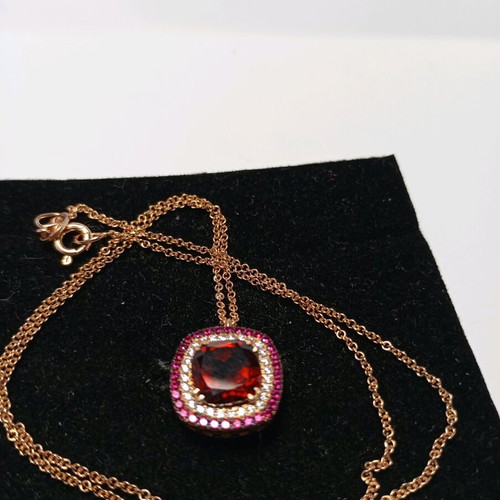 Luxury 925 silver necklace pink gold plated with 8x8 garnet and double halo zirconia new