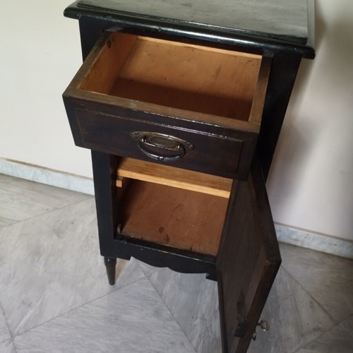 Vintage wood carved bedside cabinet refurbished, Art Deco style