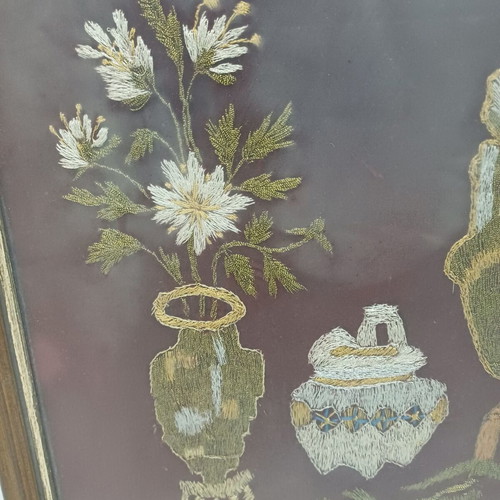 Embroidered painting with flowers used, size 32.5cm x 49cm