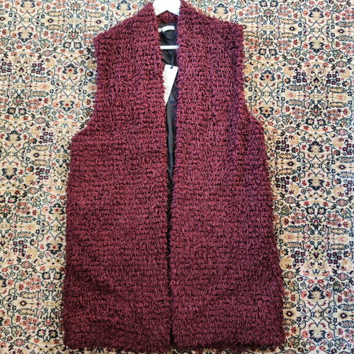 Long burgundy Helmi vest new with textured fringe detail