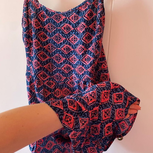 Pink Woman one-piece shortsuit like new, pink with blue patterns