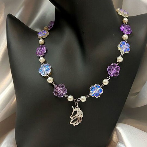 Handmade unicorn necklace new with glass flowers and imitation pearls