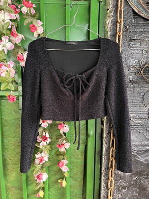 Black long sleeve top with chest tie like new, size L