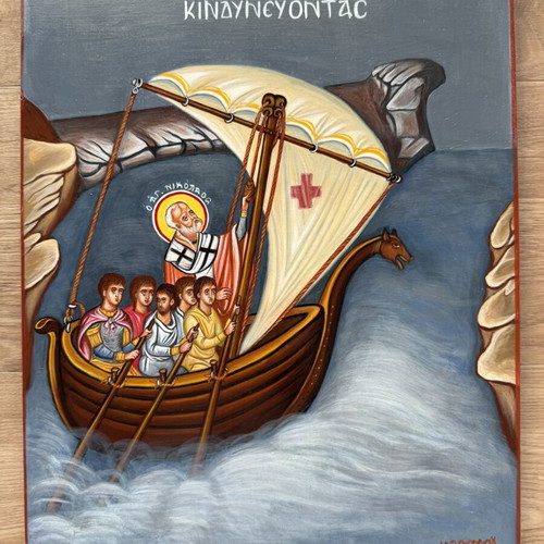 Handmade Byzantine icon of Saint Nicholas protecting sailors