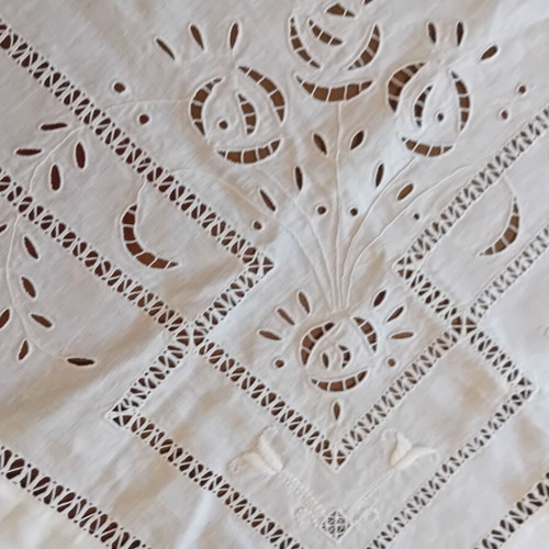 Handmade white large cutwork tablecloth 1x1 French linen