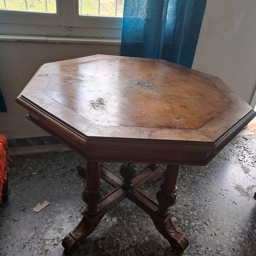 Antique set of 2 carved chairs and 1 octagonal table used