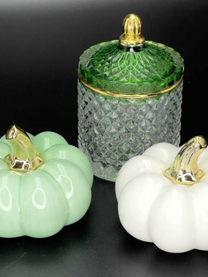 Decorative set with glass fondant dish and 2 ceramic pumpkins like new