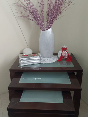 Zigzag Coffee Tables Set of 3 used, solid wood and glass