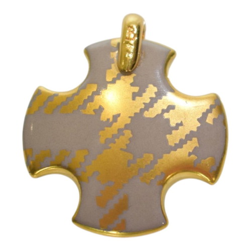 Burberry Gold Houndstooth Cross Pendant, Grey-Taupe Enamel