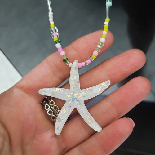 Starfish necklace with iridescent pendant and colorful beads, 40-45 cm