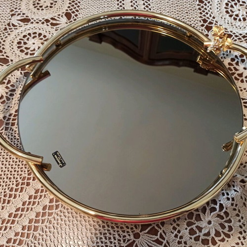 Round serving tray with mirror and gilded frame new