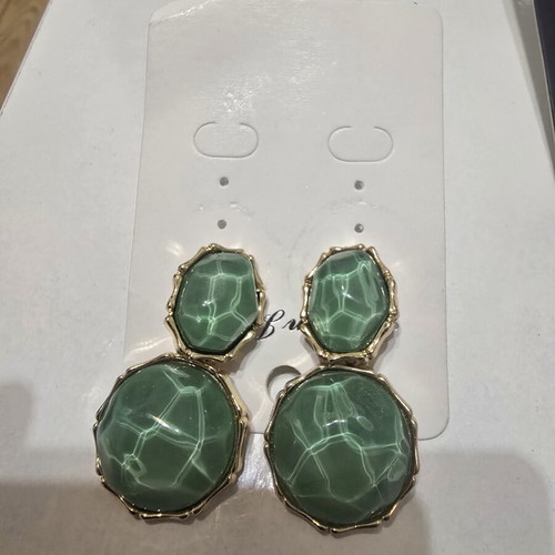 Green stone dangle earrings with water ripple effect, gold frame
