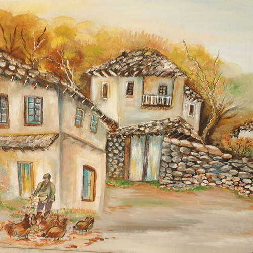 Handmade painting Life in the village new, large canvas 70x50