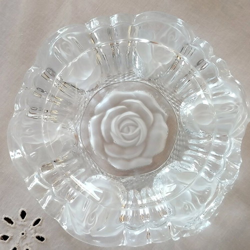 Crystal ashtray used, large with rose design
