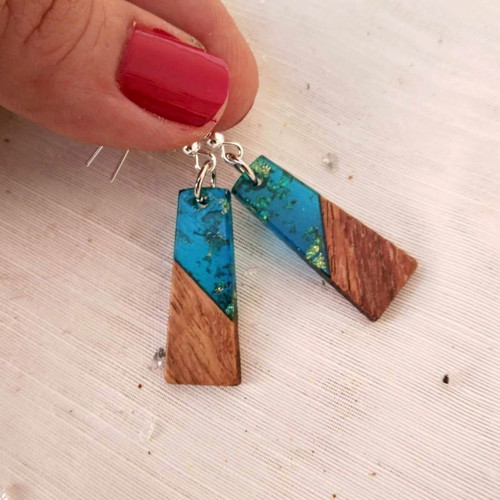 Blue earrings made of resin and wood new