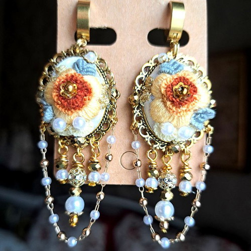 Handmade embroidered vintage earrings with yellow flower and pearls