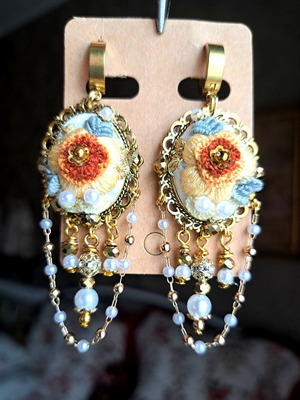 Handmade embroidered vintage earrings with yellow and gold details