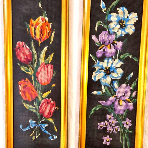 Handmade embroidered floral framed set of 2 with black background