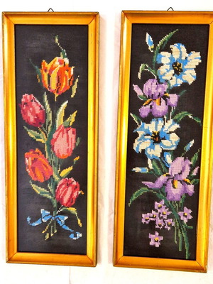 Handmade embroidered floral framed set of 2 with black background