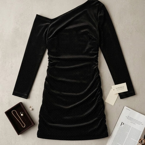Zara black velvet one-shoulder mini dress with subtle rhinestones new
