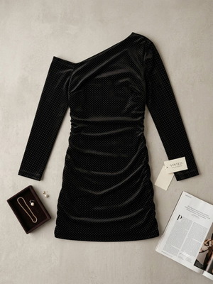 Zara black velvet one-shoulder mini dress with subtle rhinestones new