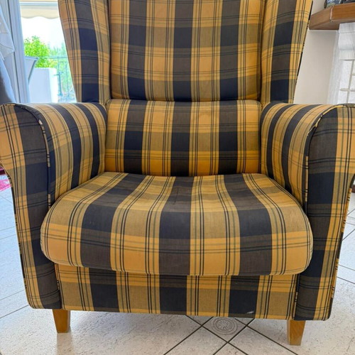 Vintage sofa bed and armchair set used, checkered fabric