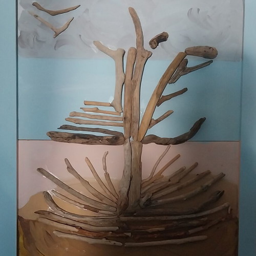 Ship acrylic painting with driftwood, 40x80 cm